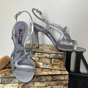NINA Pewter Glitter Strappy Sling Back Dress Sandals - Size 7